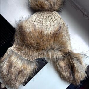 Anthropologie Tan and Brown Fluffy Hat